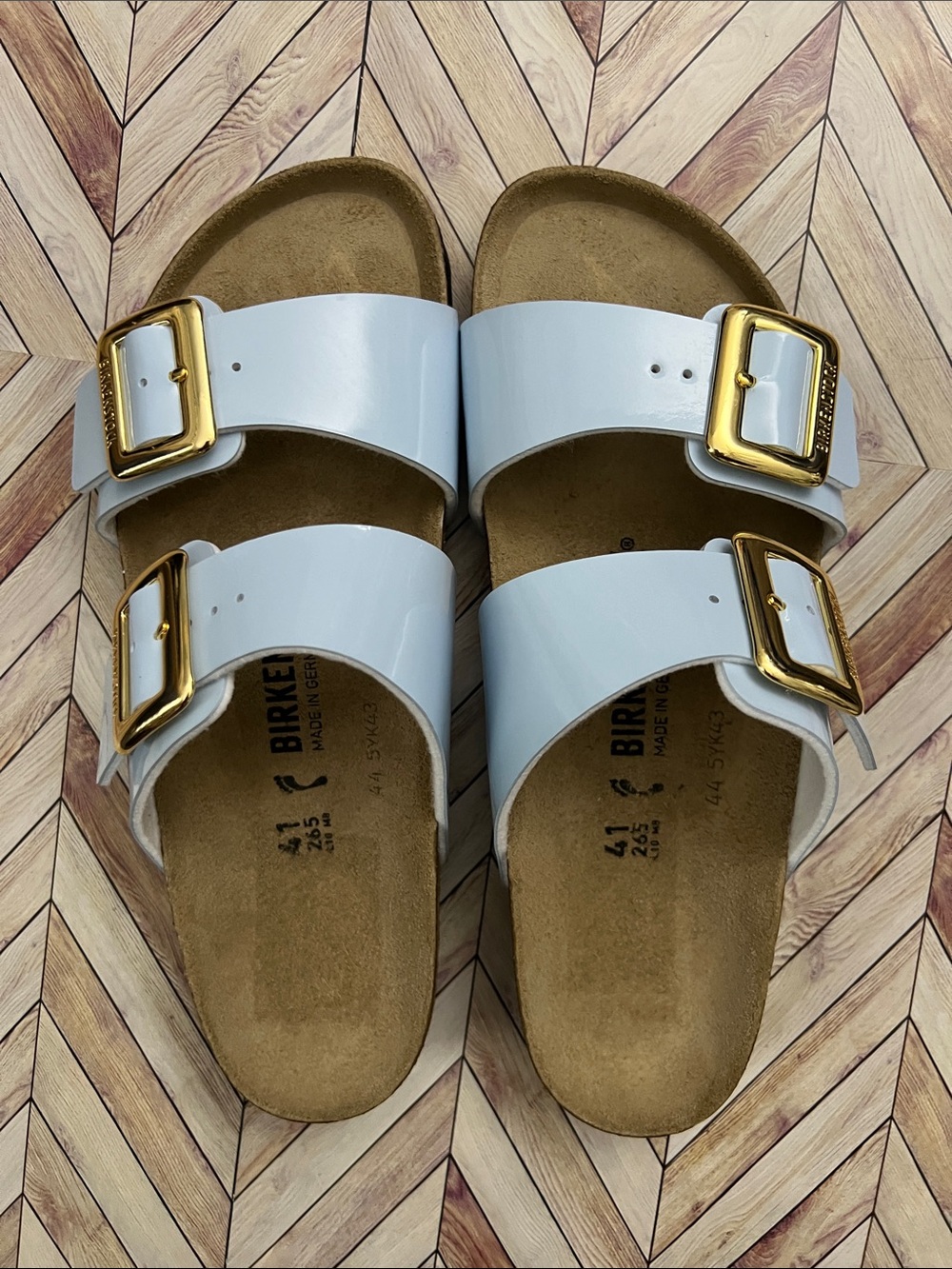 Birkenstock light blue Patent Double-Buckle Sandals with Gold tone Buckles